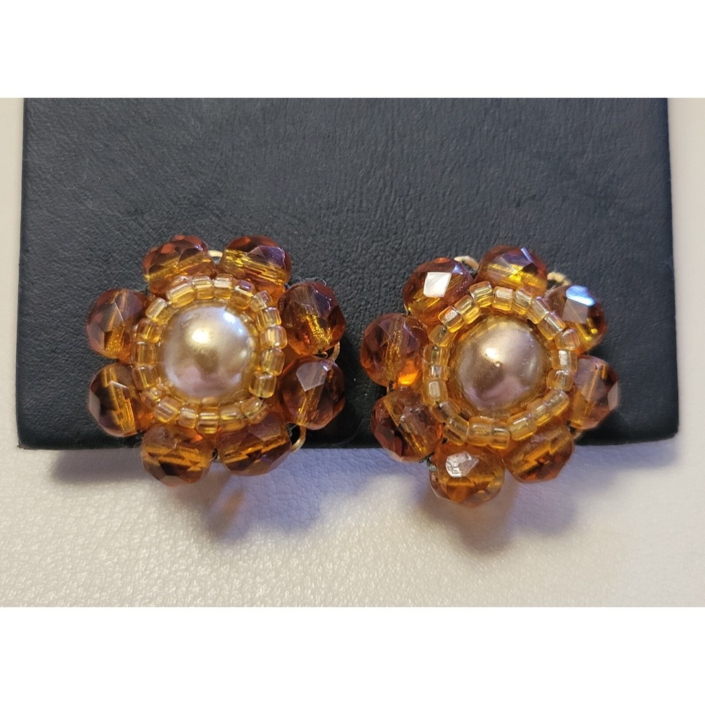 Vintage MARVELLA Autumn Brown Gold Tone Clip On Beaded Earrings Cluster Bead